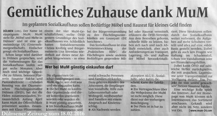 Bericht Dülmener Zeitung vom 18.02.2016